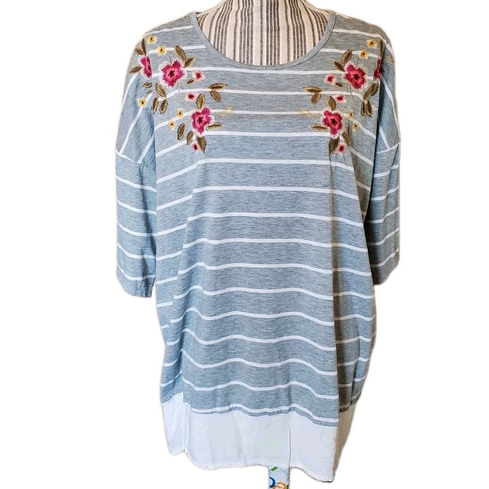 Umgee Womens Embroidered Floral Top Tunic Boho L Cottagecore Overlay Sweater Top